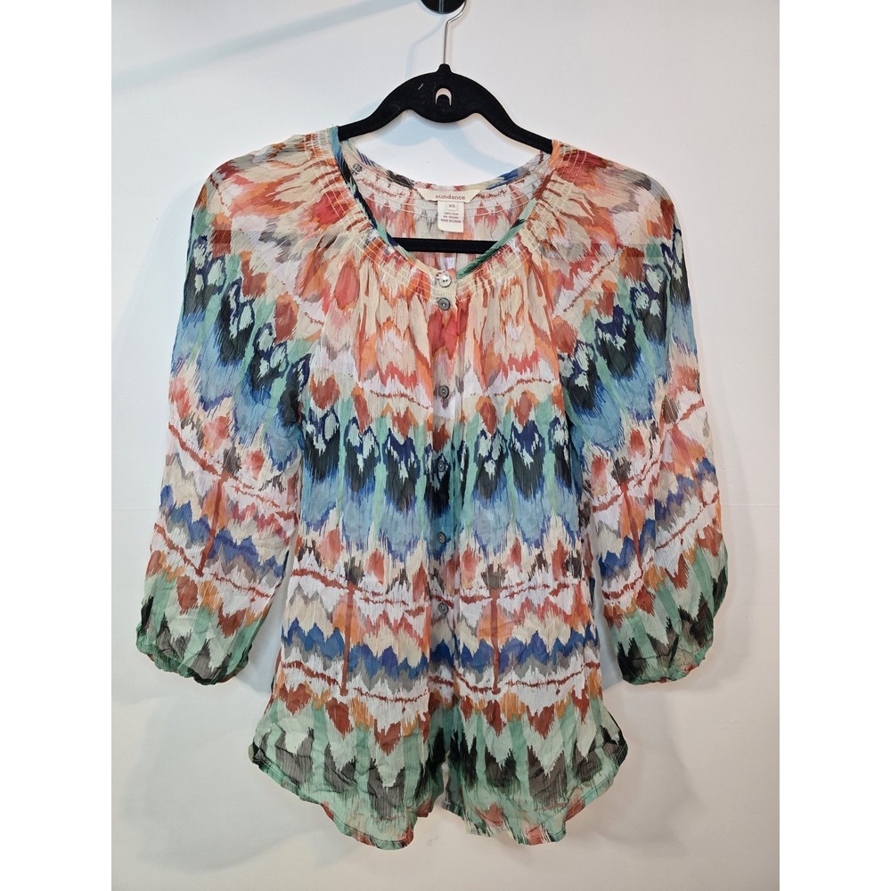 Sundance Size Extra Small 100% Silk Blouse Quiet Luxury Boho Colorful‎ Natural